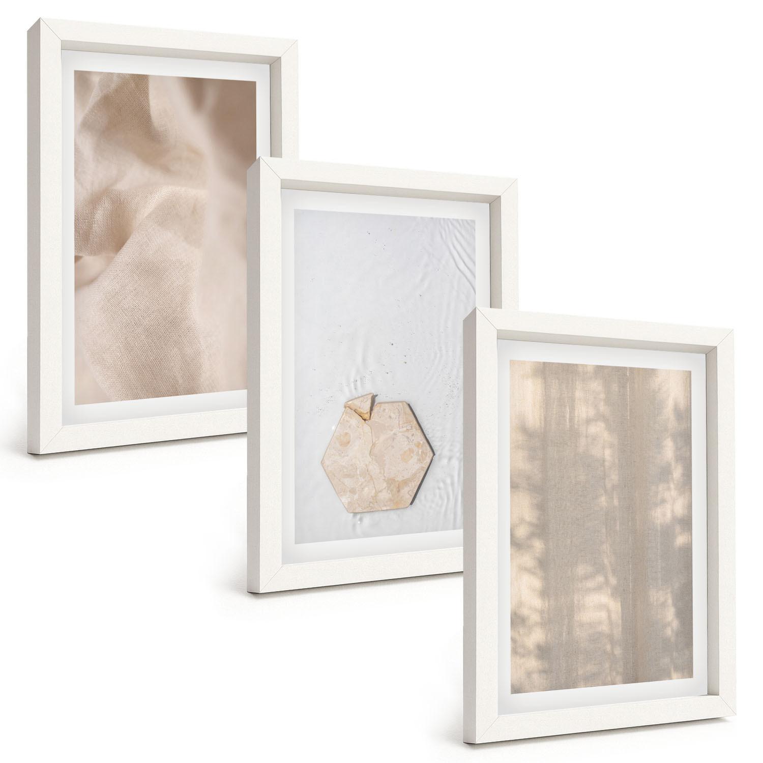 BILDER SET 3er Set - 20x30 cm Weißer Rahmen - Subtile Texturen, Boho-Natur - Weiß, Kunststoff (20/30cm) - TULUP