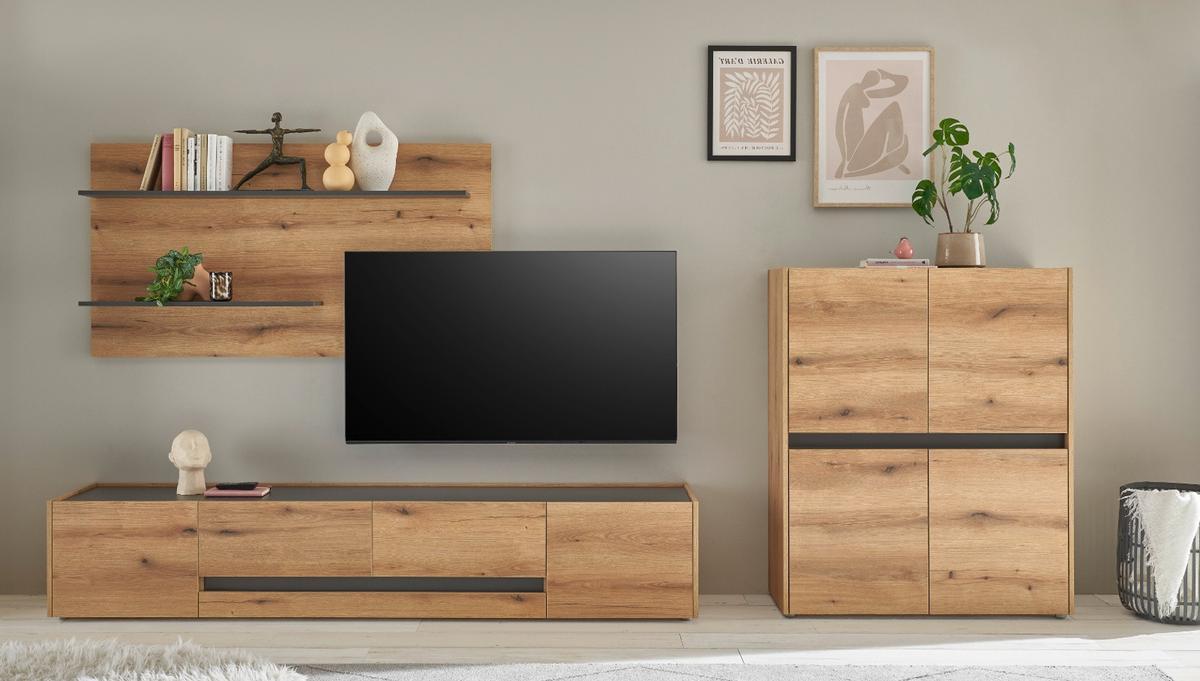 WOHNWAND Evoke Eiche, grau inklusive Beleuchtung, Wohnkombination Set 3-teilig, 343 cm - Eichefarben/Schwarz, Holzwerkstoff/Kunststoff (360/180/45cm) - Furn.Design