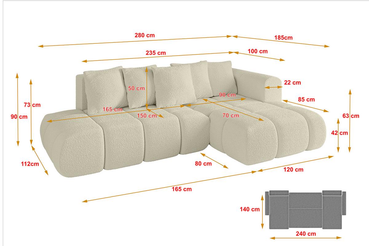 ECKSOFA Ottomane Rechts CLOUD-L-v1 280x185x90 Beige Bouclé - Beige, Holzwerkstoff/Kunststoff (185/280cm) - ALTDECOR