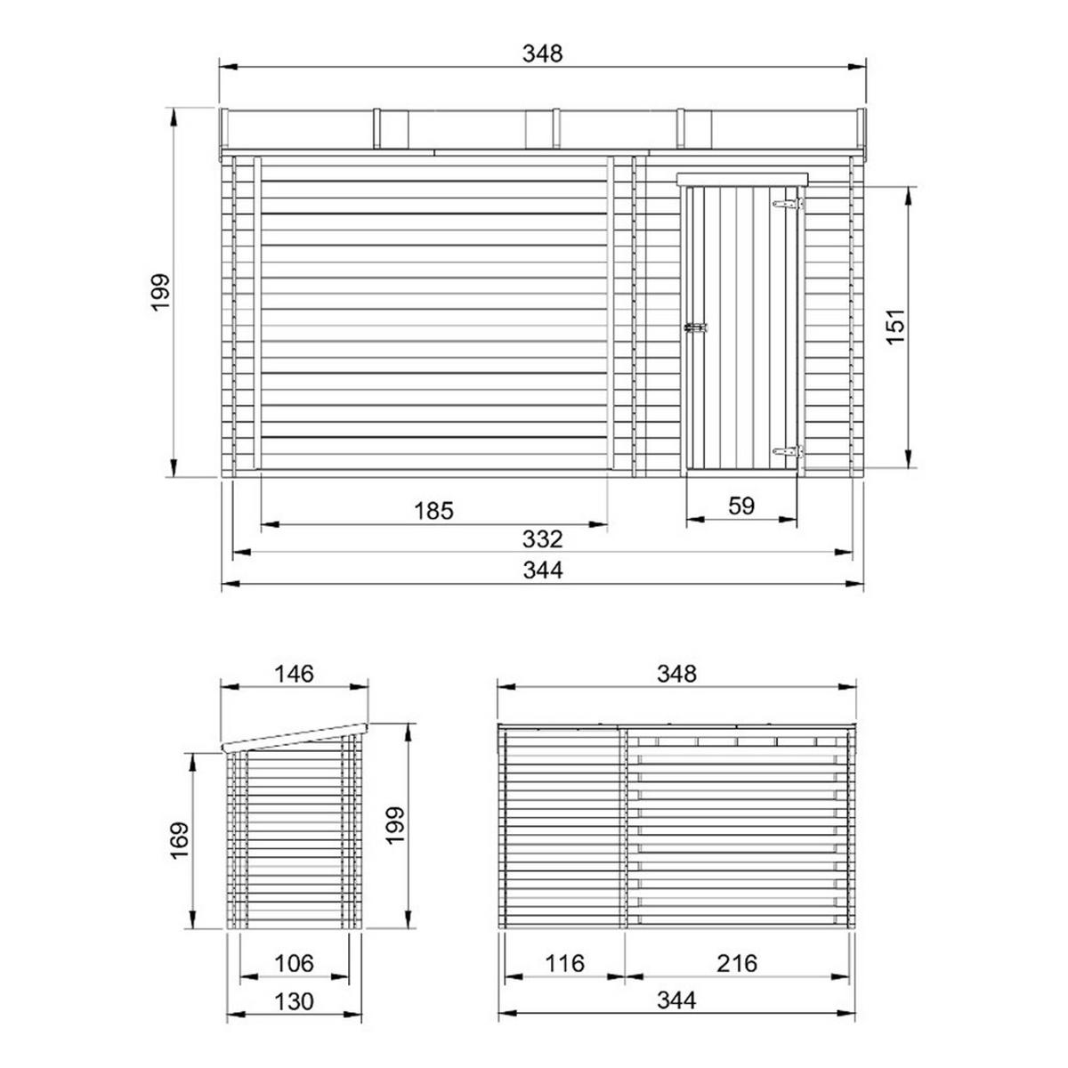 BRENNHOLZLAGER aus Holz mit Geräteraum 3,64 m², Kaminholzregal mit Pultdach, ca. 3,8 m³ Brennholzkapazität, 348 x 146 x 199 cm (B x T x H) - Naturfarben, Holz (348/199/146cm) - Timbela