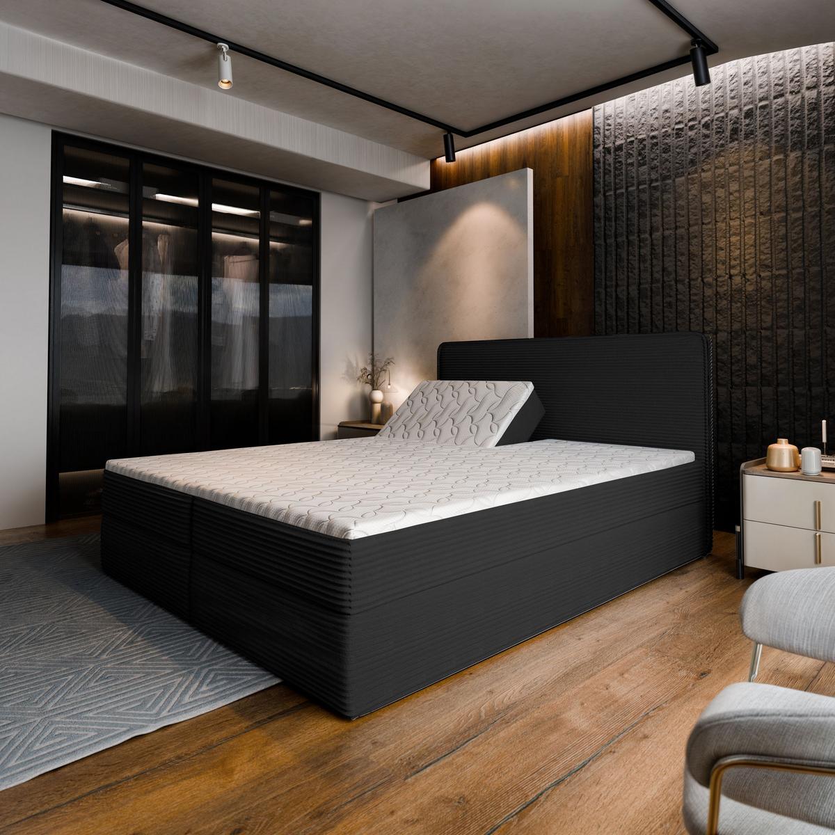 BOXBETT ASTOR 140x200 cm mit Matratze und Topper - Schwarz - Schwarz, Holz (140/200cm) - MASSENO