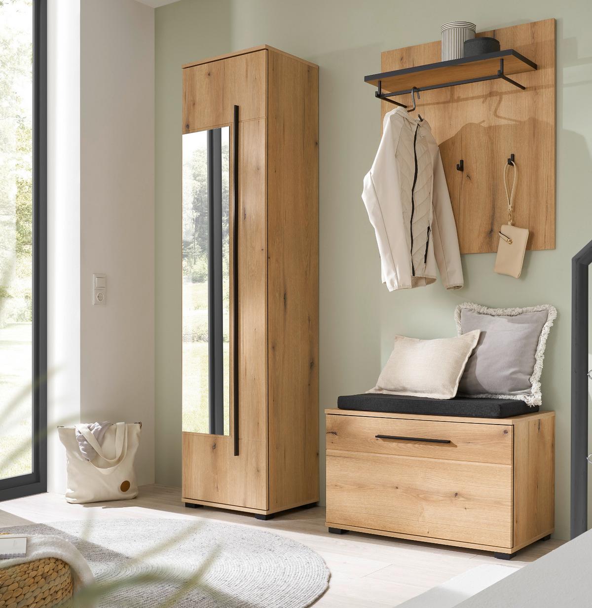 GARDEROBEN-SET Evoke Eiche 4-teilig 140 cm, Flurgarderobe mit Spiegel - Dunkelgrau/Eichefarben, Glas/Holzwerkstoff (140/200/40cm) - Furn.Design