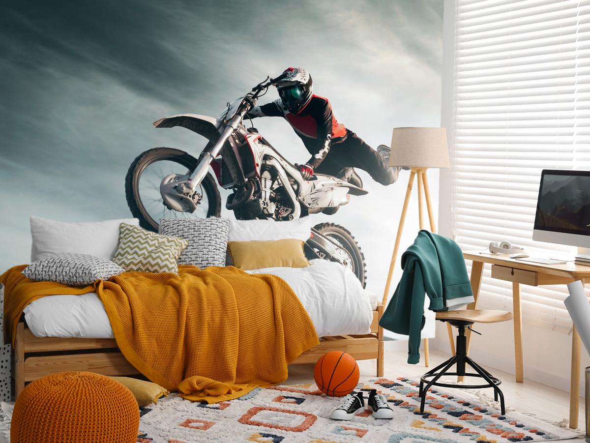 FOTOTAPETE für Jugendzimmer Motocross Sprung Mann Sport Berge Action 500x350 - Grau, Papier (500/350cm) - Muralo