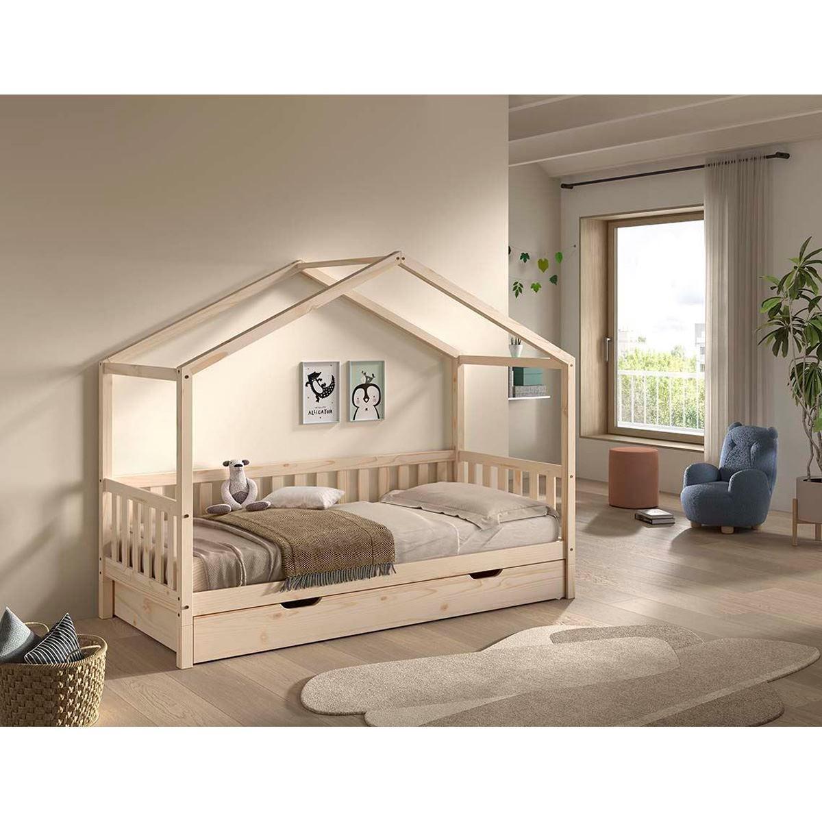 HAUSBETT Kapua 90x200 mit Bettschublade Kiefer Massivholz Natur - Kieferfarben, Holz (90/200cm) - 58aufmkessel
