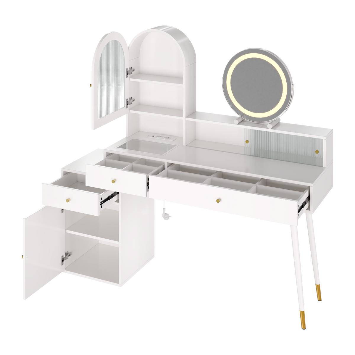 SCHMINKTISCH Weiß mit LED-Spiegel, Ladestation & Glasplatte - Weiß, Holzwerkstoff (140/140/40cm) - Urban Meuble