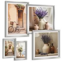 BILDER SET 5er Set - 50x50 cm & 20x30 cm & 40x60 cm Silberner Rahmen - Friedliche Zen-Blumen-Buddha-Komposition - Silberfarben, Kunststoff (40/60cm) - TULUP
