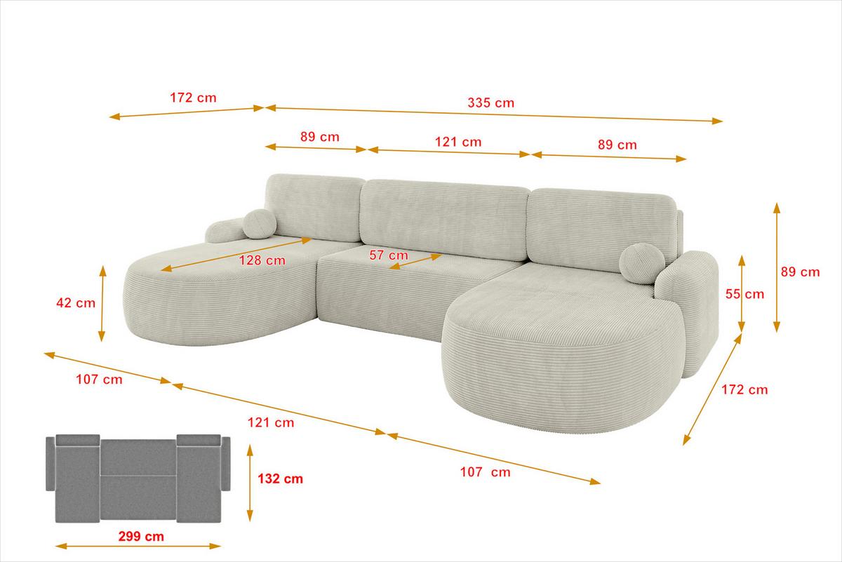 WOHNLANDSCHAFT mit Schlaffunktion und Bettkasten LIRA-U - 335x172x89 Creme - Creme, Holzwerkstoff/Textil (335/89/172cm) - ALTDECOR