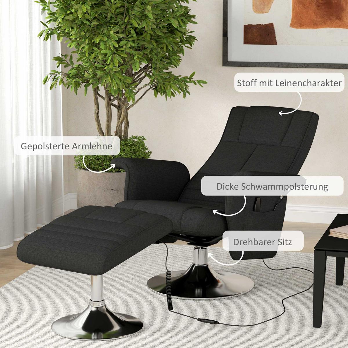 MASSAGESESSEL mit Fußhocker, elektrischer Relaxsessel mit Liegefunktion Schwarz - Schwarz, Textil/Metall (95/88/78cm) - HOMCOM