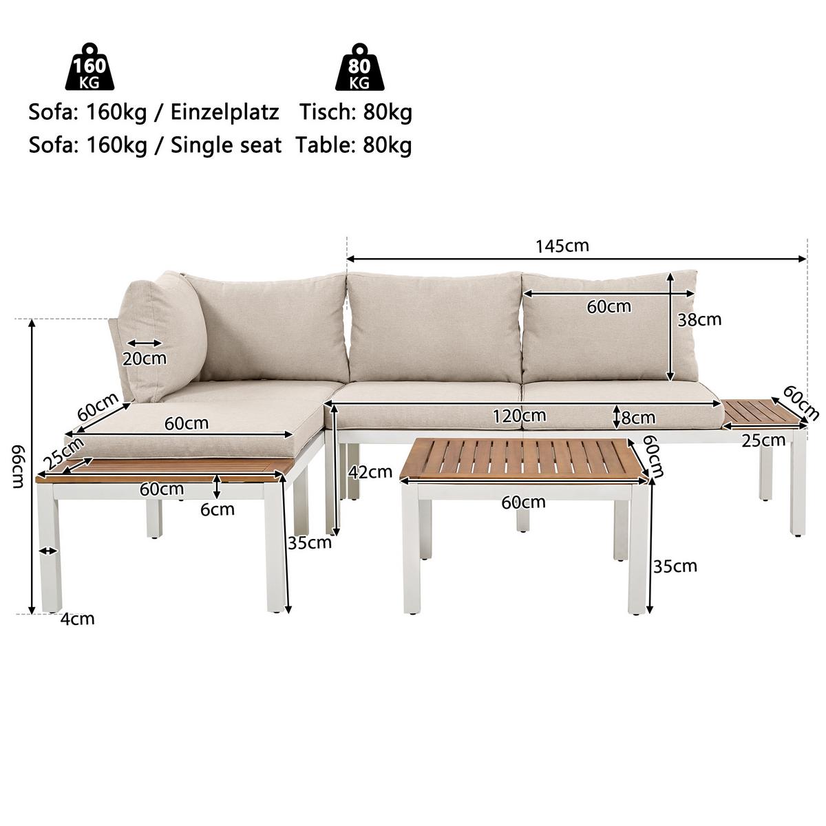 LOUNGEGARNITUR 5-tlg. Stahl & Akazie Beige Gartensofa mit Tisch & Beistelltischen - Beige, Metall - Urban Meuble