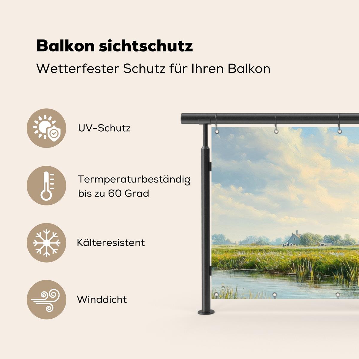 BALKON-SICHTSCHUTZ Kühe - Windmühle - Wiese - Blau Balkon Deko 300x120 cm - Grün, Kunststoff (300/120cm) - MuchoWow