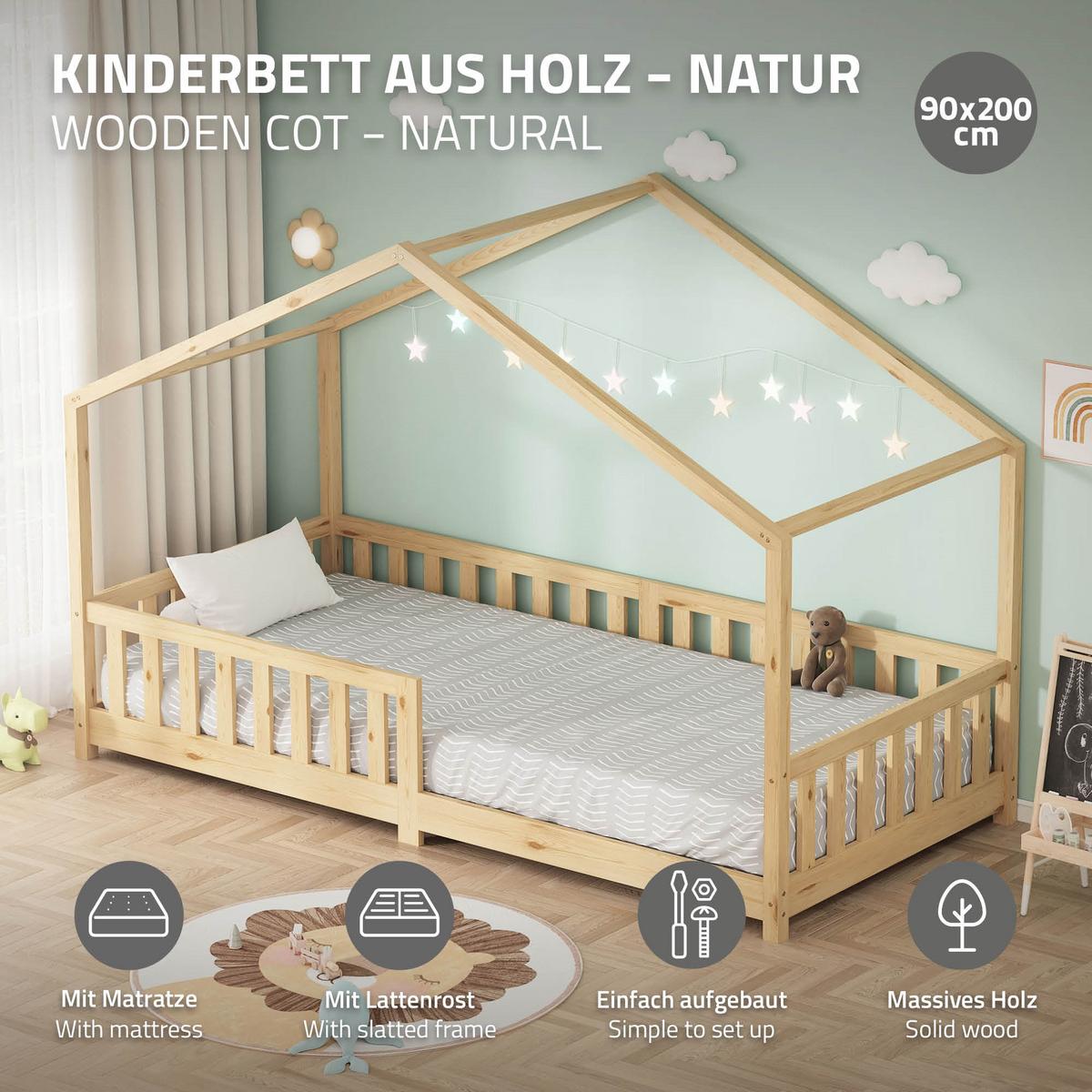 HAUSBETT mit Matratze 90x200 cm H:10cm Natur aus Kiefernholz mit Rausfallschutz - Beige, Holz (90/200cm) - ML-DESIGN