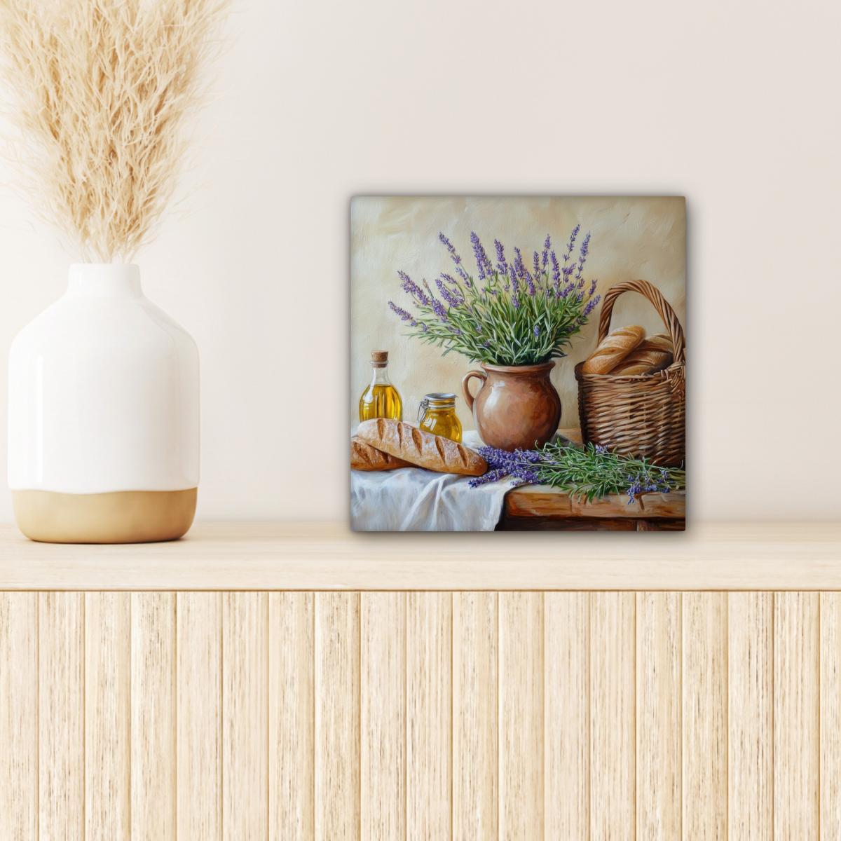 LEINWANDBILD Lavendel - Brot - Stilleben Deko Wohnzimmer 20x20 cm - Flieder, Textil (20/20cm) - MuchoWow