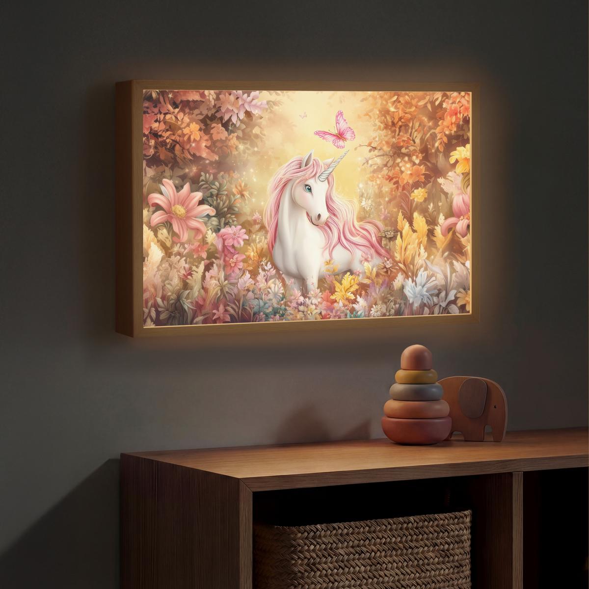 WANDLEUCHTE MIT AKKU Einhorn - Blumen - Schmetterling - Rosa 60x40 cm - Beige, Holzwerkstoff (60/40/8cm) - OnlyWow