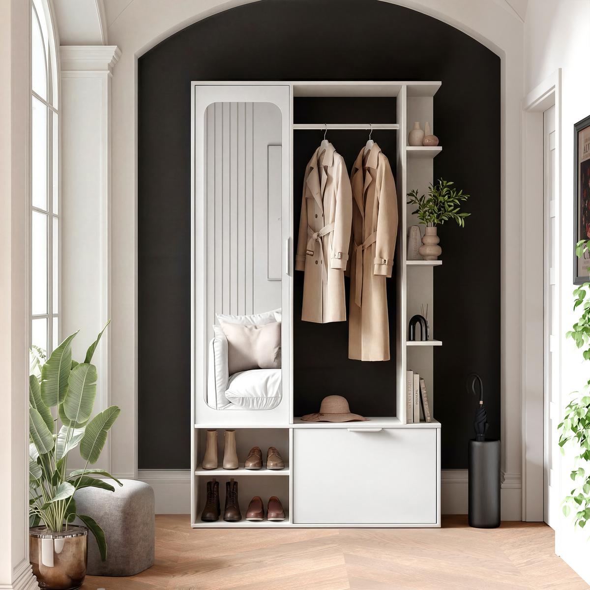 GARDEROBE mit Spiegel ELIOR - Weiß, Holz (100/189.4/33cm) - Idohome