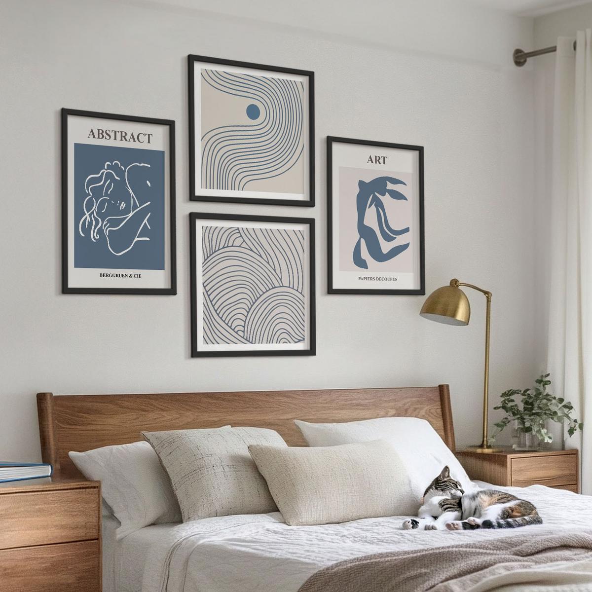 BILDER SET 4er Set - 50x50 cm & 40x60 cm Schwarzer Rahmen - Poster mit abstrakten Linien und Wellen - Schwarz, Kunststoff (50/50cm) - TULUP