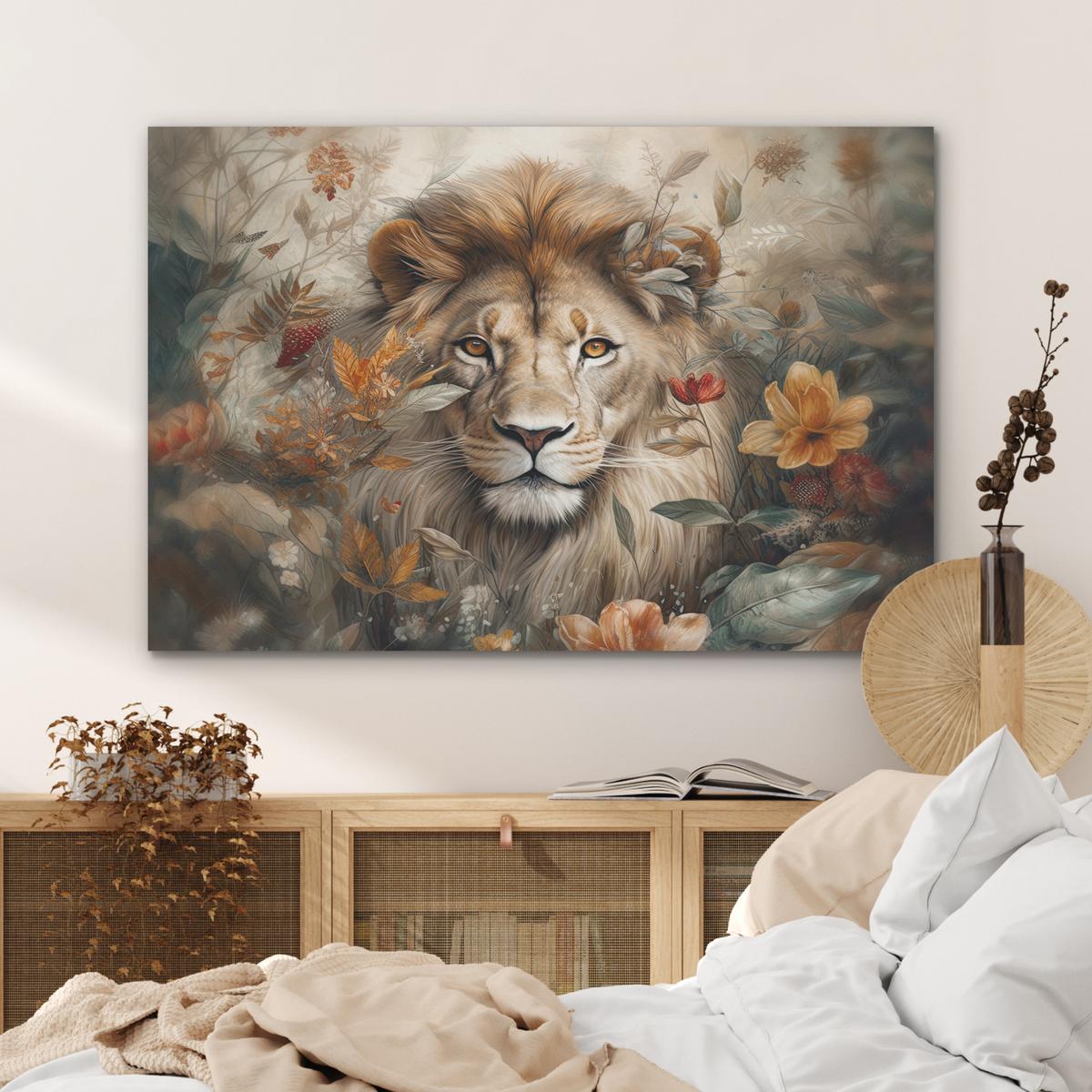 AKUSTIKBILD Löwe - Wildtiere - Pflanzen - Natur - Blumen Wandbild Wohnzimmer 100x70 cm - Beige, Kunststoff (100/70/0.9cm) - MuchoWow