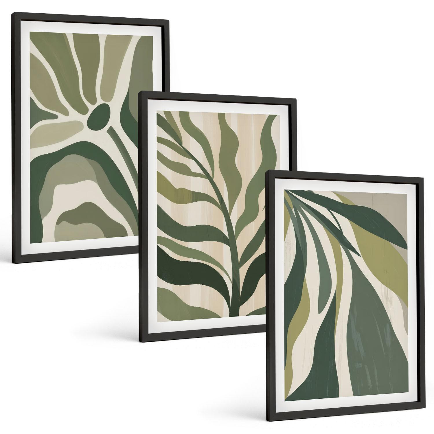 BILDER SET 3er Set - 40x60 cm Schwarzer Rahmen - Illustrationen gemalter grüner Blätter - Schwarz, Kunststoff (40/60cm) - TULUP