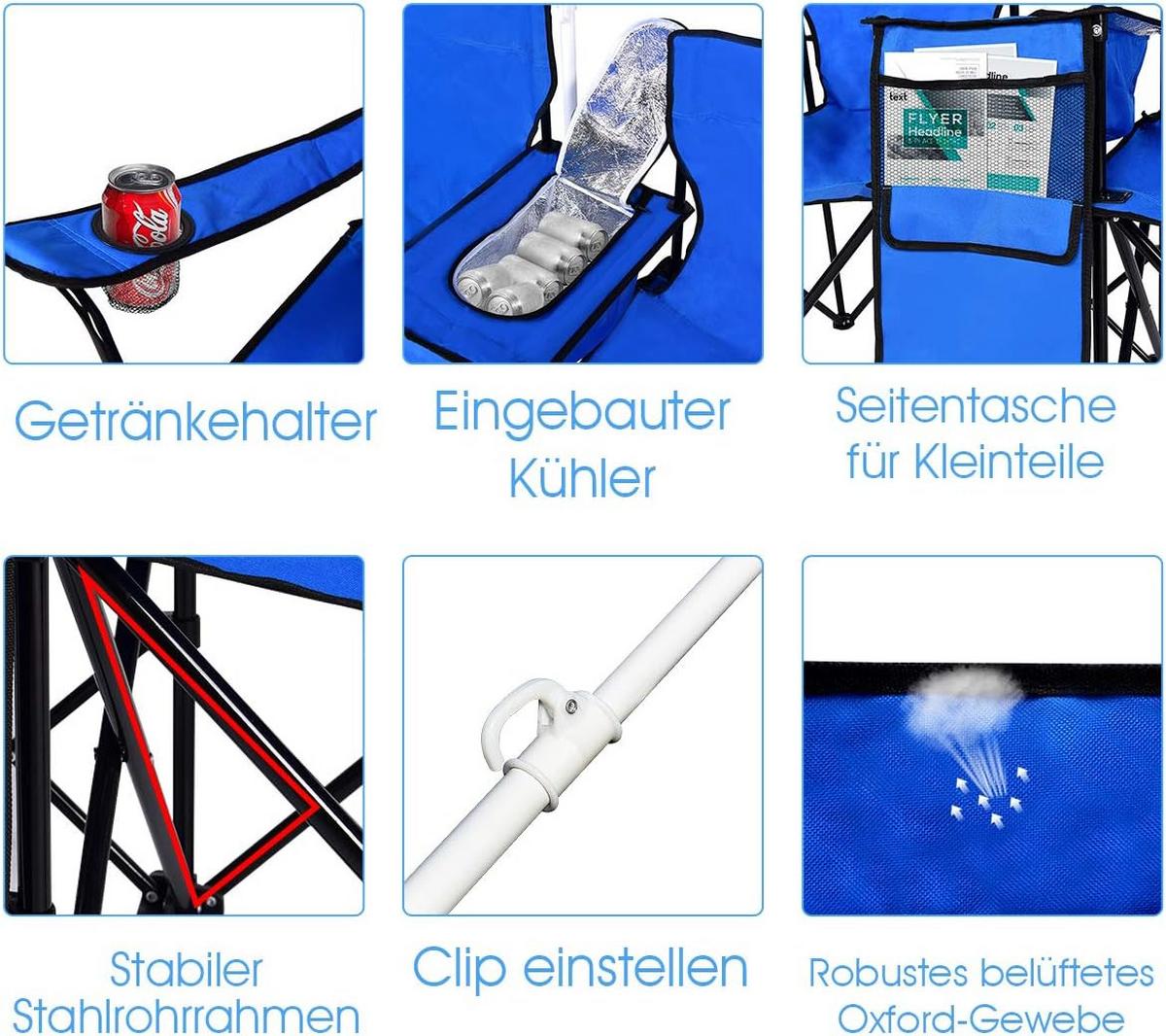 CAMPINGSTUHL mit Sonnenschirm für Paare Blau - Blau, Metall (161/85/55cm) - COSTWAY