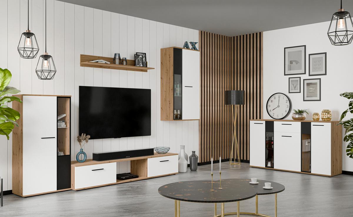 WOHNWAND Formilo Eiche, Artisan Weiß 294/180/40 cm Hochwertige TV Wohnwand - Hellbraun/Weiß, Holzwerkstoff/Kunststoff (294/180/40cm) - AX Living