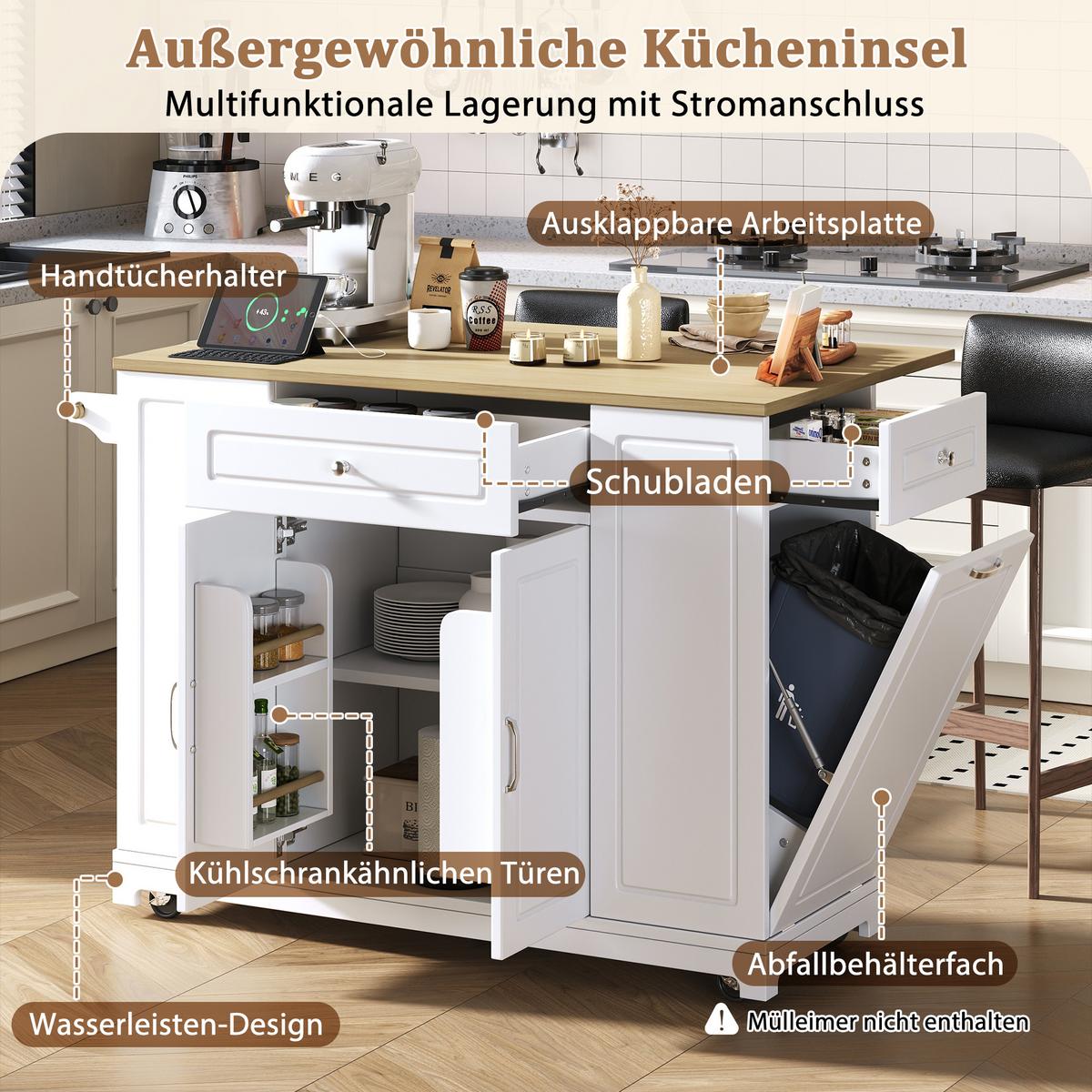 KÜCHENINSEL Mobile (132 cm) in Weiß/Natur mit Mülleimer-Auszug - Weiß, Holzwerkstoff (132/93/40cm) - Urban Meuble