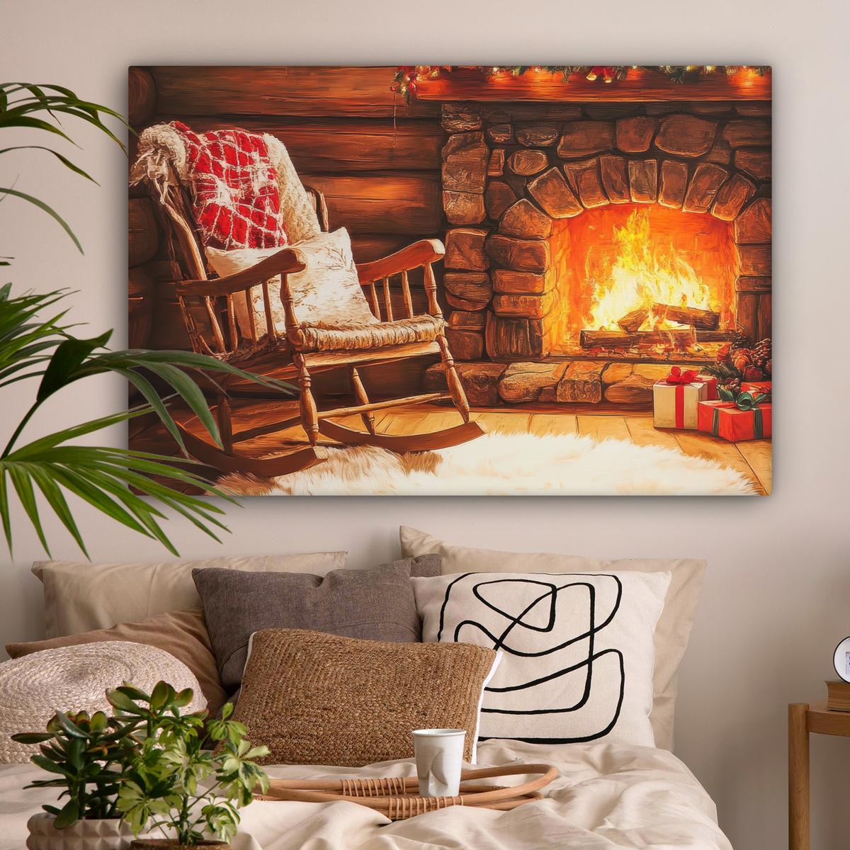 LEINWANDBILD Winter - Weihnachten - Zuhause - Kamin Wohnzimmer Groß 120x80 cm - Bernsteinfarben, Textil (120/80cm) - MuchoWow