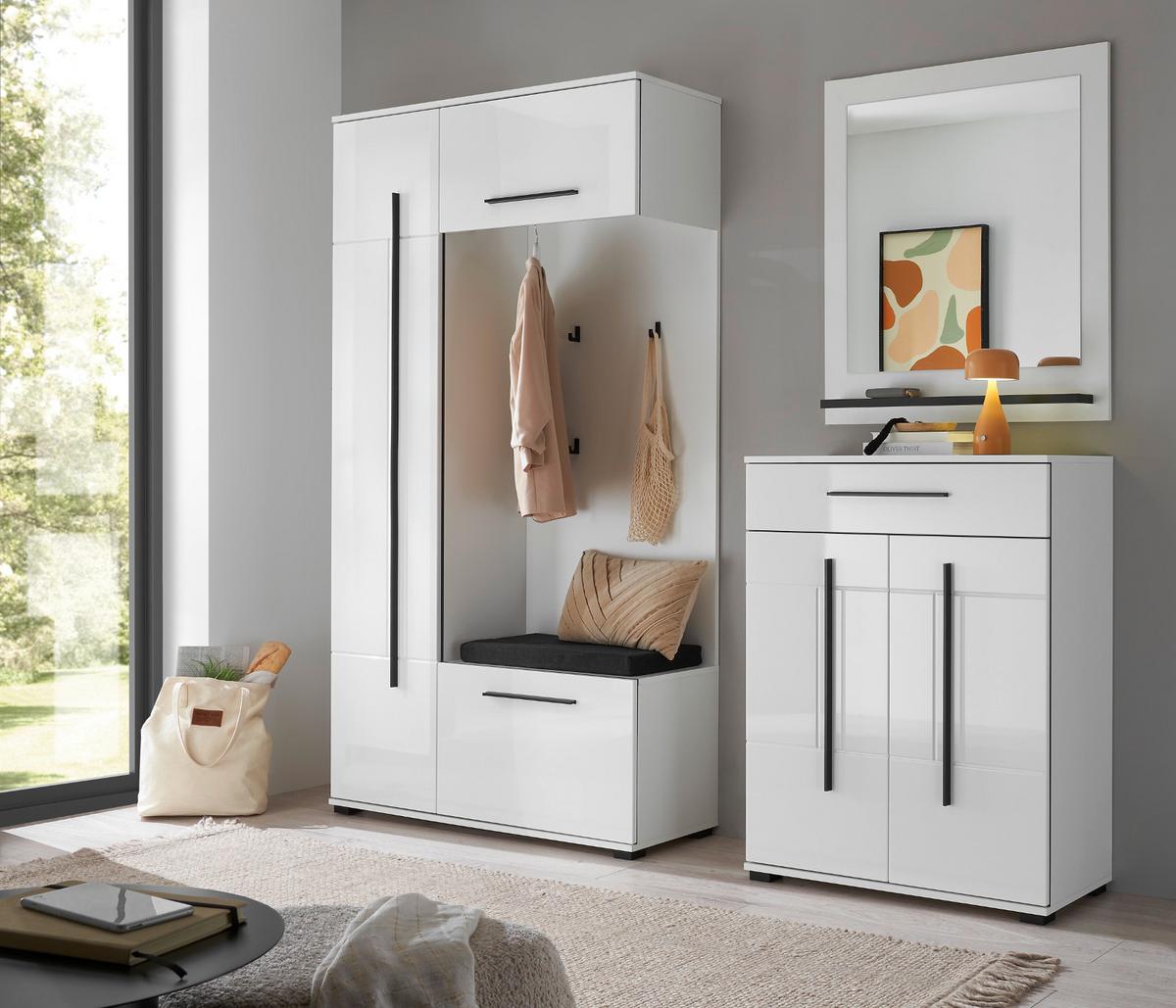 SCHUHSCHRANK weiß Hochglanz 80 x 103 cm, Kommode mit Soft-Close - Weiß Hochglanz/Schwarz, Holzwerkstoff/Kunststoff (80/103/39cm) - Furn.Design