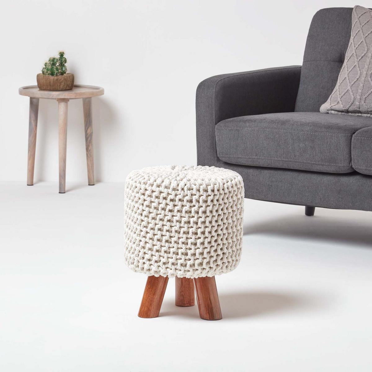 STRICK-HOCKER natur, Dreibein 32/32/42 cm - Naturfarben, Textil (32/42/32cm) - Homescapes