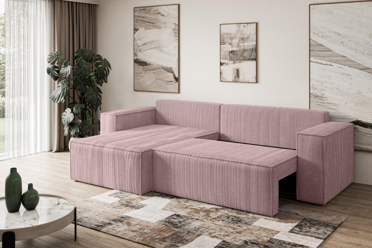 ECKSOFA mit Schlaffunktion und Bettkasten CELTIC-XL - 277x143x83 cm Rosa Cord - Schwarz/Rosa, Holzwerkstoff/Kunststoff (277/143cm) - ALTDECOR
