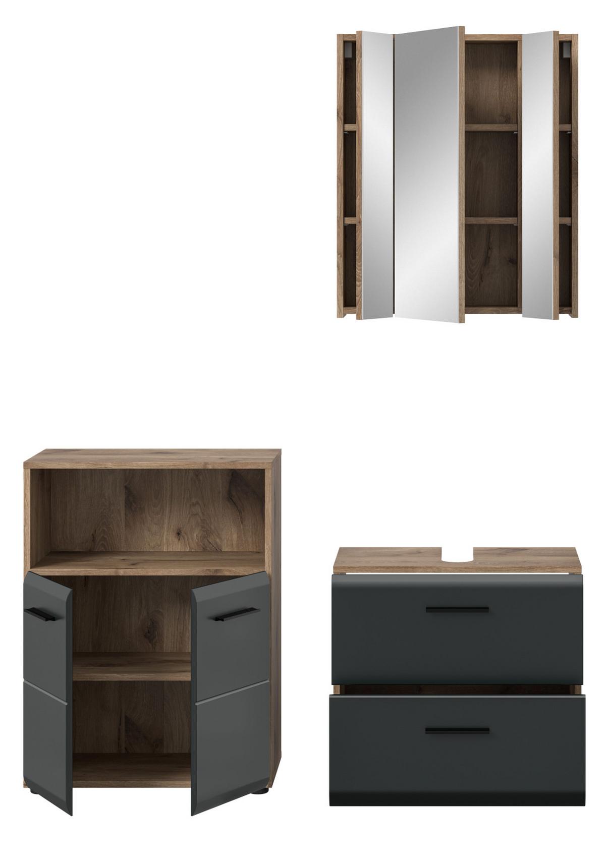 BADMÖBEL-SET 3-teilig schwarz matt, Eiche Nox, Badkombination mit Kommode, 135 x 185 cm - Eichefarben/Schwarz, Glas/Holzwerkstoff (135/185/30cm) - Inn.Furn