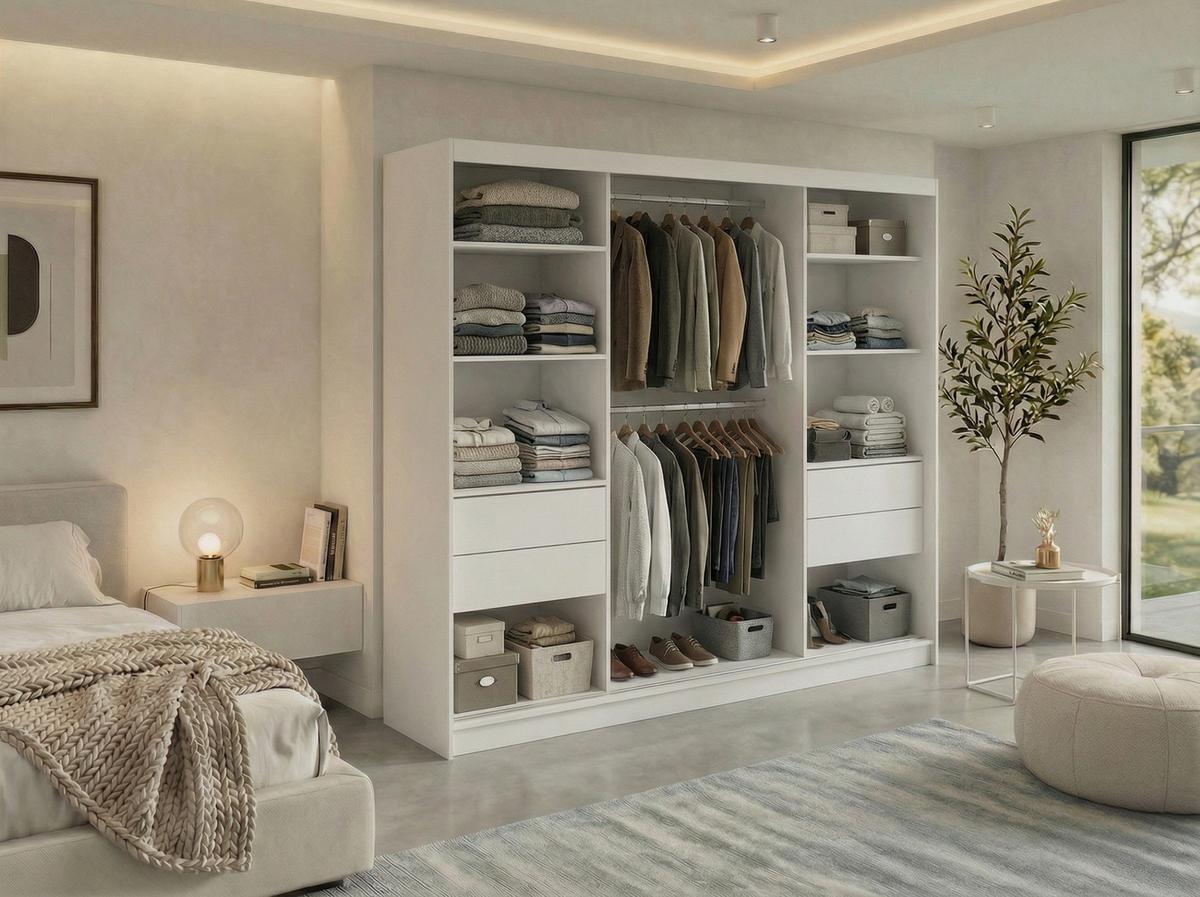 SCHWEBETÜRENSCHRANK mit Schubladen 240 - MACEDONIA - Weiß - Alufarben/Weiß, Holzwerkstoff/Metall (240/216/61cm) - MKS