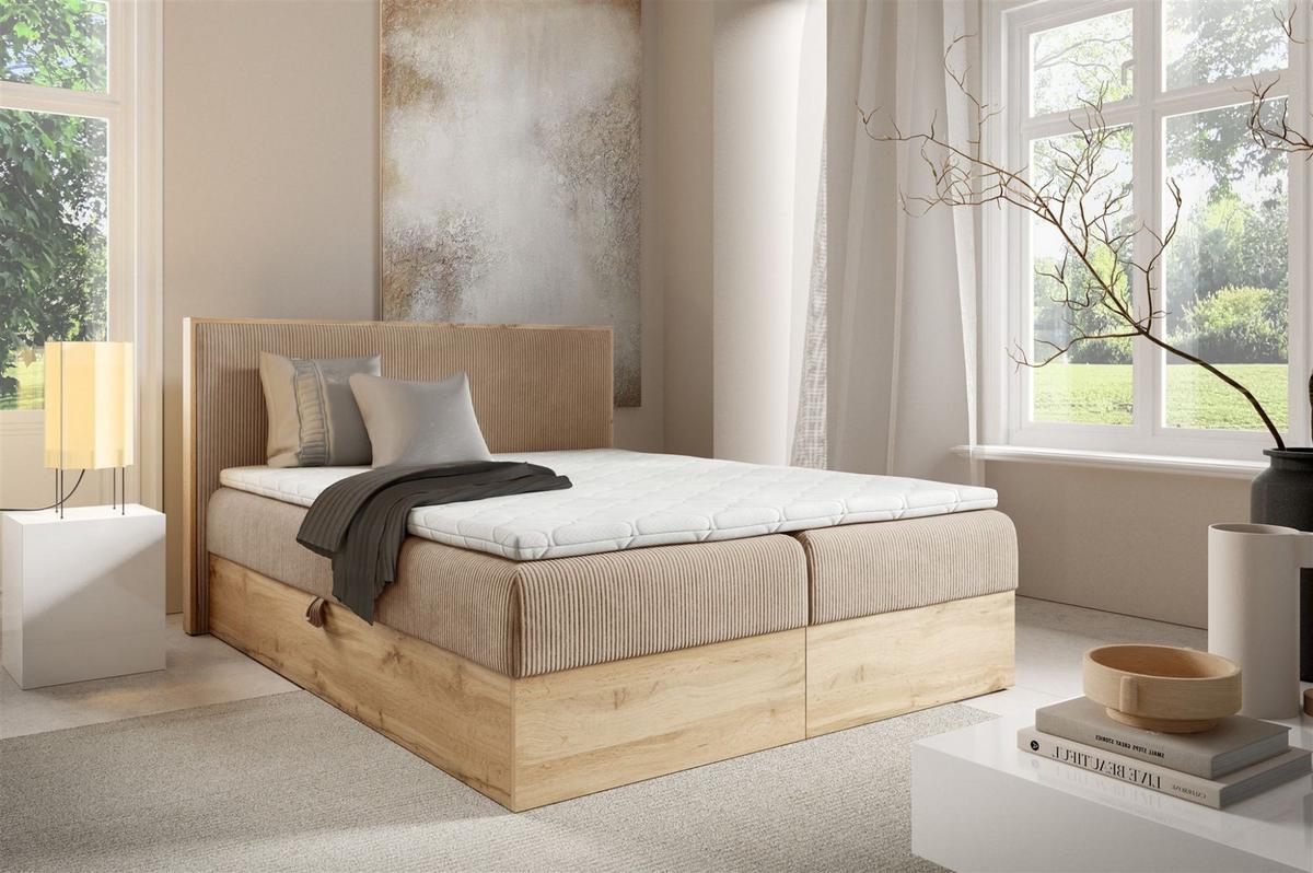 BOXBETT Roland In überlänge - Hellbraun, Holzwerkstoff/Textil (200/220cm) - Fun Möbel