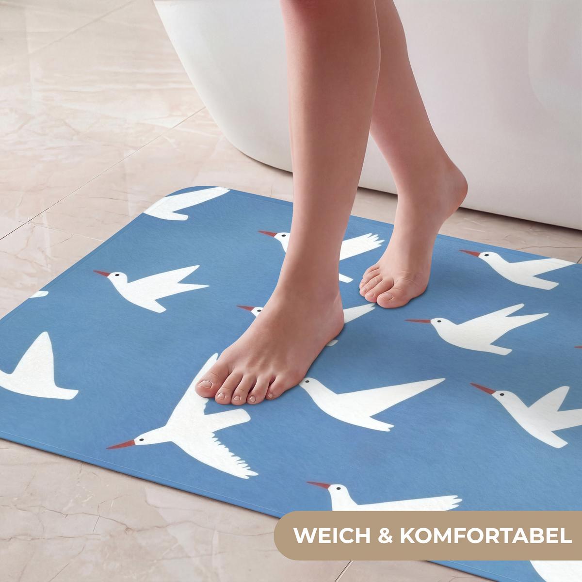 BADEMATTE Vögel - Weiß - Muster 80x50 cm - Blau, Textil (80/50cm) - OnlyWow