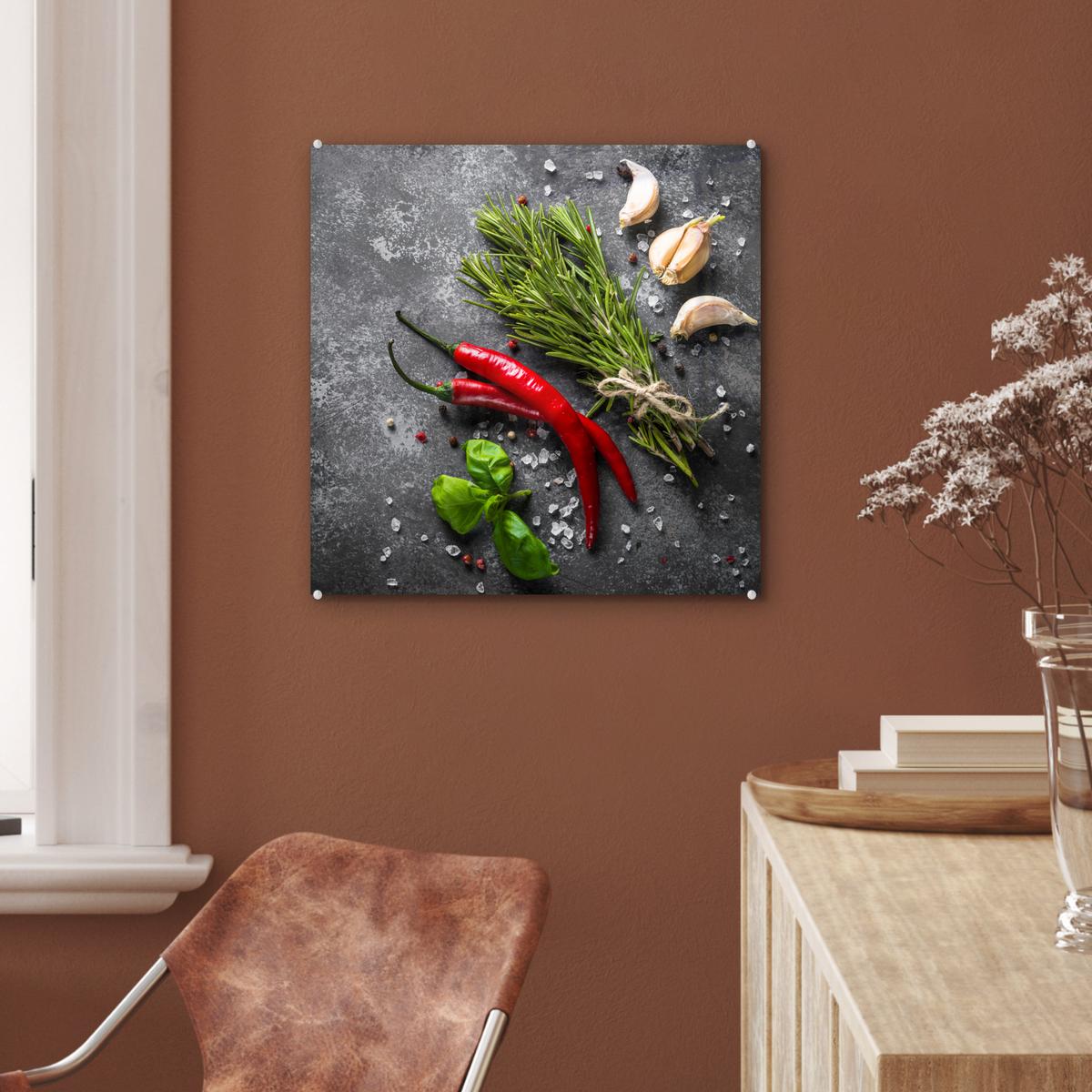 ACRYLGLASBILD Pfeffer - Kräuter - Gewürze - Beton 50x50 cm - Dunkelgrau, Glas (50/50cm) - MuchoWow