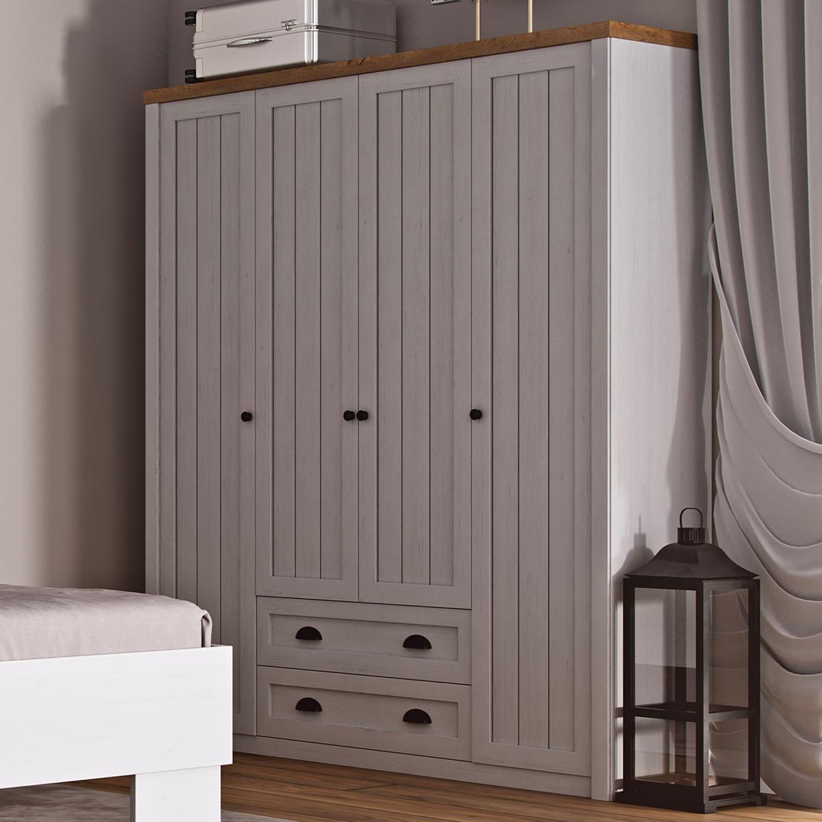 SCHRANK 4 Türen Léandre Weiß und Holz - Weiß, Holzwerkstoff (170.7/198.1/53.3cm) - Petits-meubles