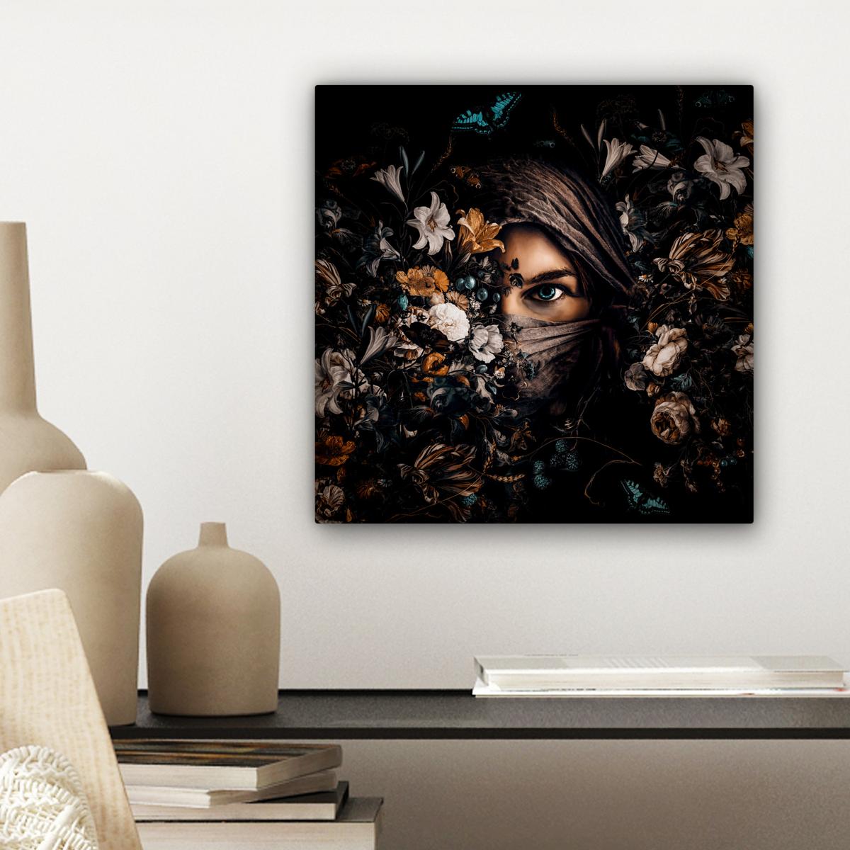 LEINWANDBILD Frau - Luxus - Blumen - Schmetterling - Porträt Deko Wohnzimmer 20x20 cm - Schwarz, Textil (20/20cm) - MuchoWow
