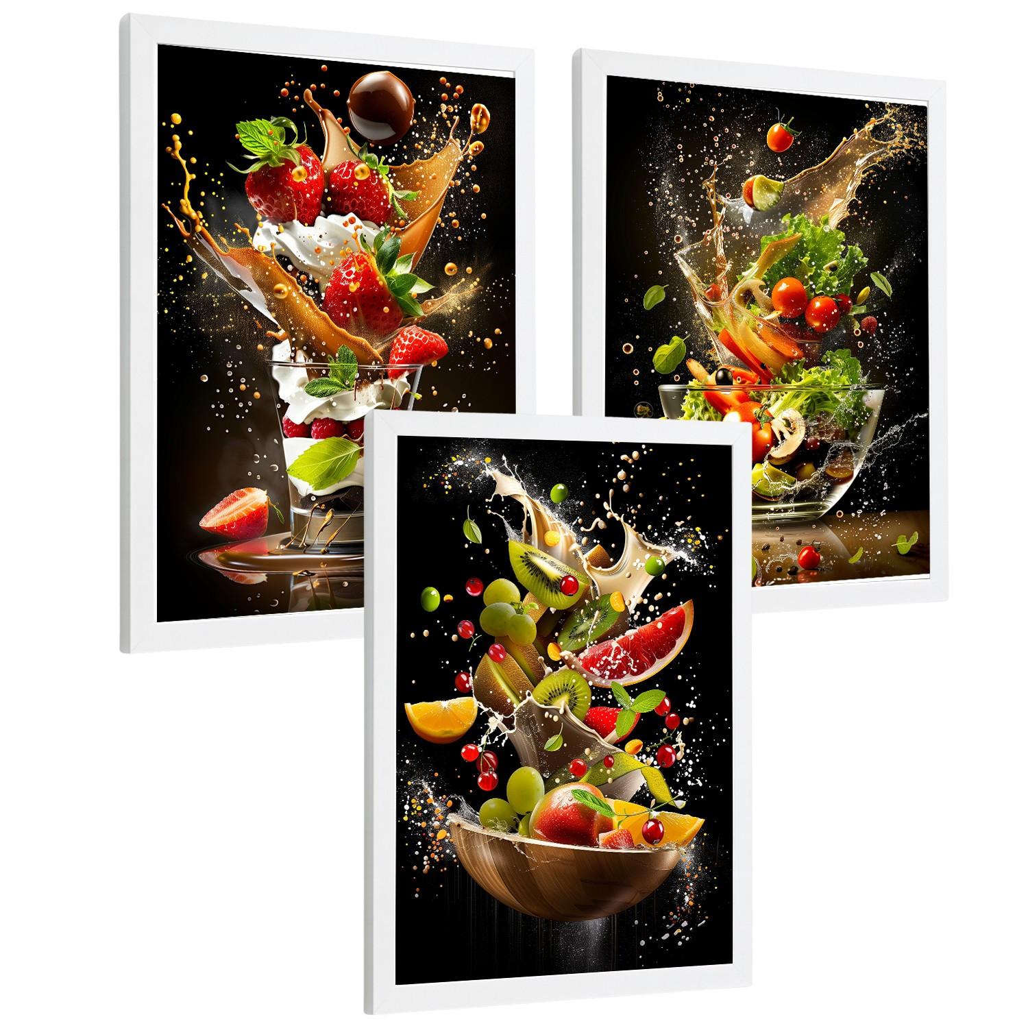 POSTER 3er Set Küchen-Wandbilder Dessert Salat und Obst Splash Fotografie Schwarzer Hintergrund Esszimmer Weißer Rahmen A4 - Weiß, Papier (29.7/1/21cm) - Nacnic