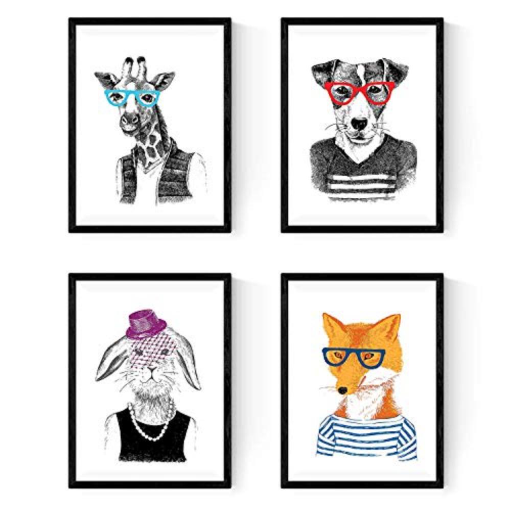 POSTER Set mit 4 Tierhipstern A4 Schwarzer Rahmen - Schwarz, Papier (29.7/3cm) - Nacnic