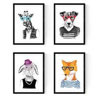 POSTER Set mit 4 Tierhipstern A4 Schwarzer Rahmen - Schwarz, Papier (29.7/3cm) - Nacnic