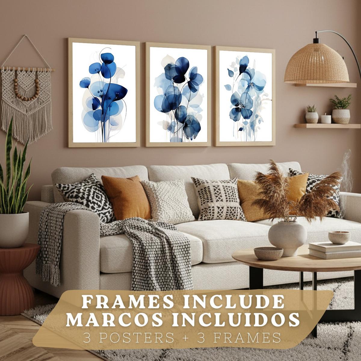 POSTER 3er-Set Wandbilder Blumen Blau modern Wohnzimmer Deko, Schlafzimmer, Küche, Badezimmer Leichter Holzrahmen A4 - Beige, Papier (29.7/1/21cm) - Nacnic