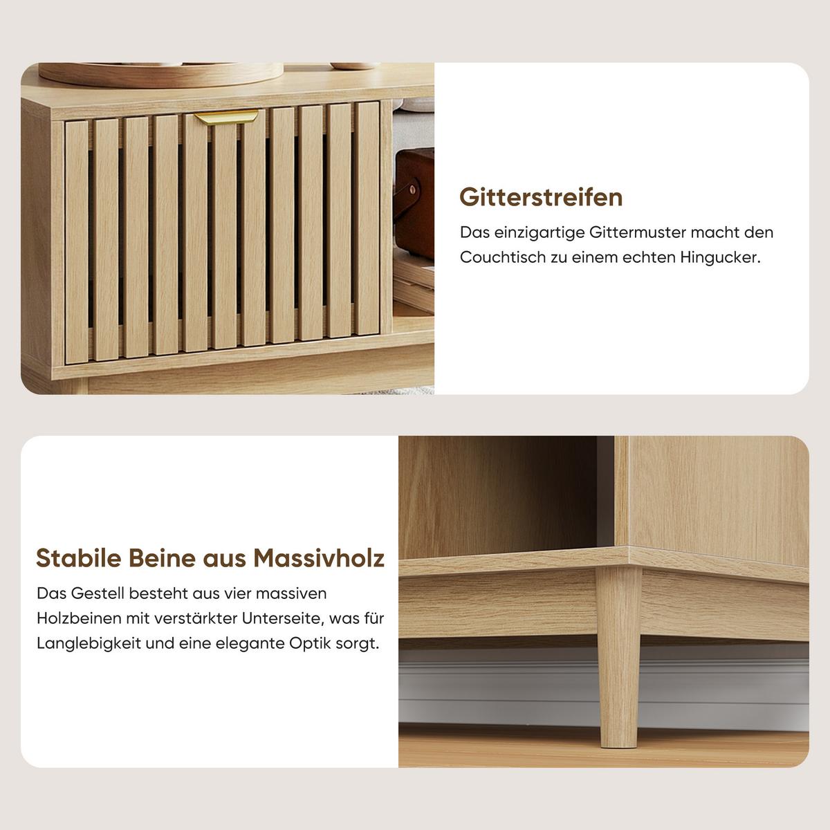 COUCHTISCH holzoptik & gitter-design mit schublade & offenen fächern - Eichefarben, Holzwerkstoff (50/80/45cm) - Urban Meuble