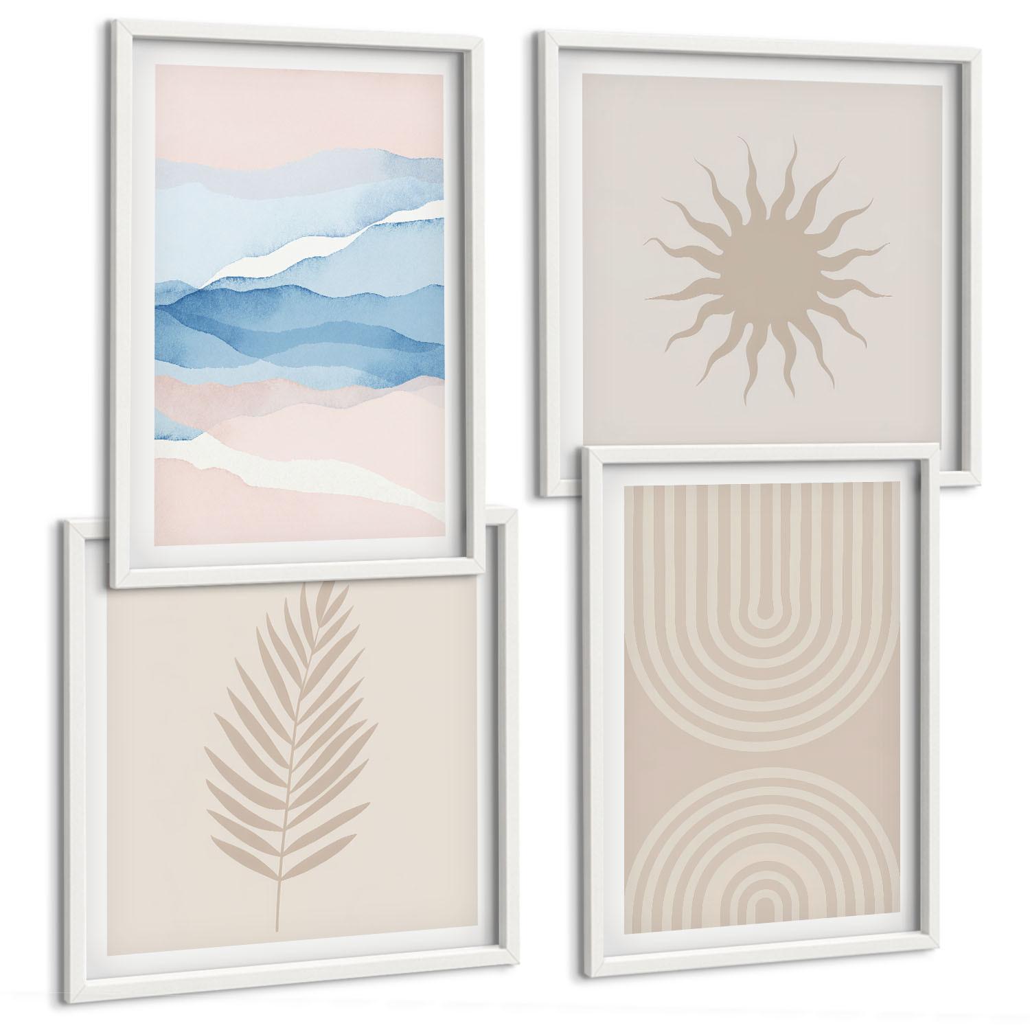 BILDER SET 4er Set - 50x50 cm & 40x60 cm Weißer Rahmen - Abstrakte Linien der Sonnenwellen - Weiß, Kunststoff (50/50cm) - TULUP