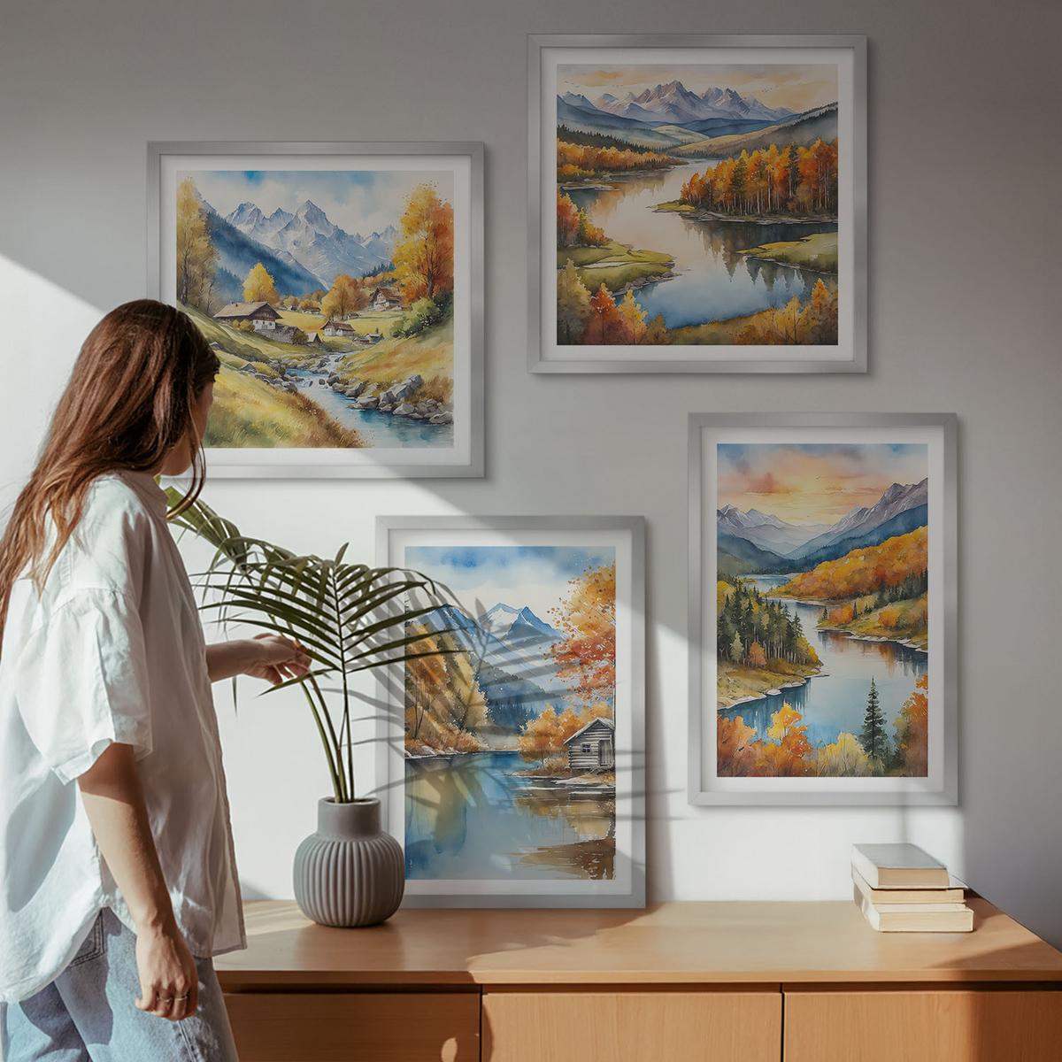 BILDER SET 4er Set - 50x50 cm & 40x60 cm Silberner Rahmen - Herbstliche Berge, Flusshütte - Silberfarben, Kunststoff (50/50cm) - TULUP