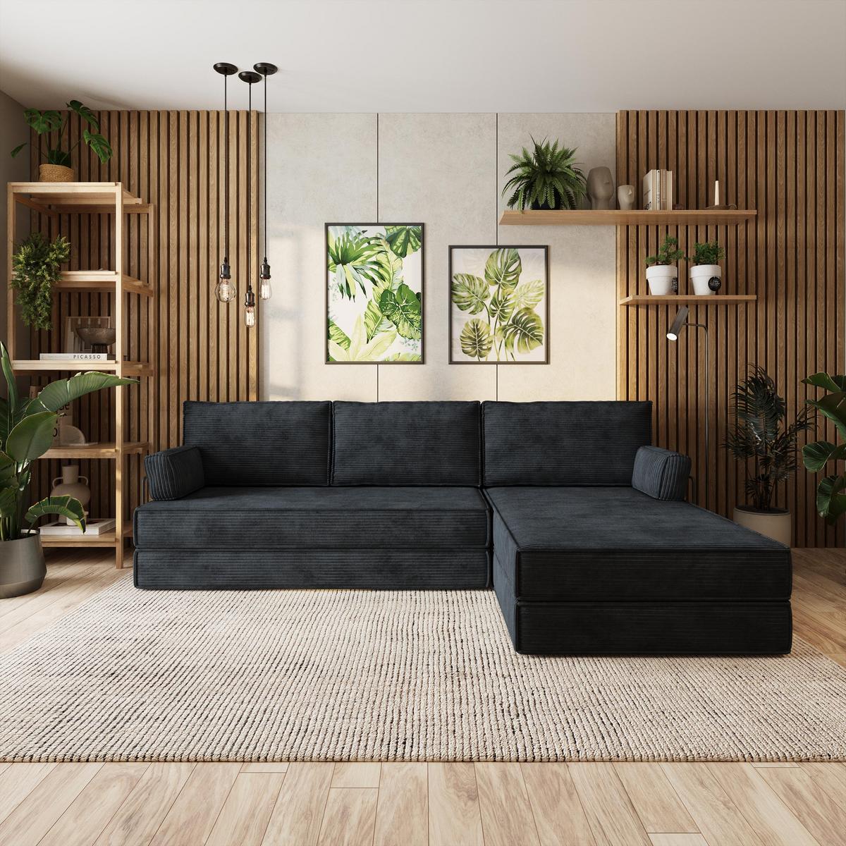 ECKSOFA ANKO modulares Boneless Sofa mit Schlaffunktion Schwarz Kordstoff - Schwarz, Textil (270/160cm) - MASSENO