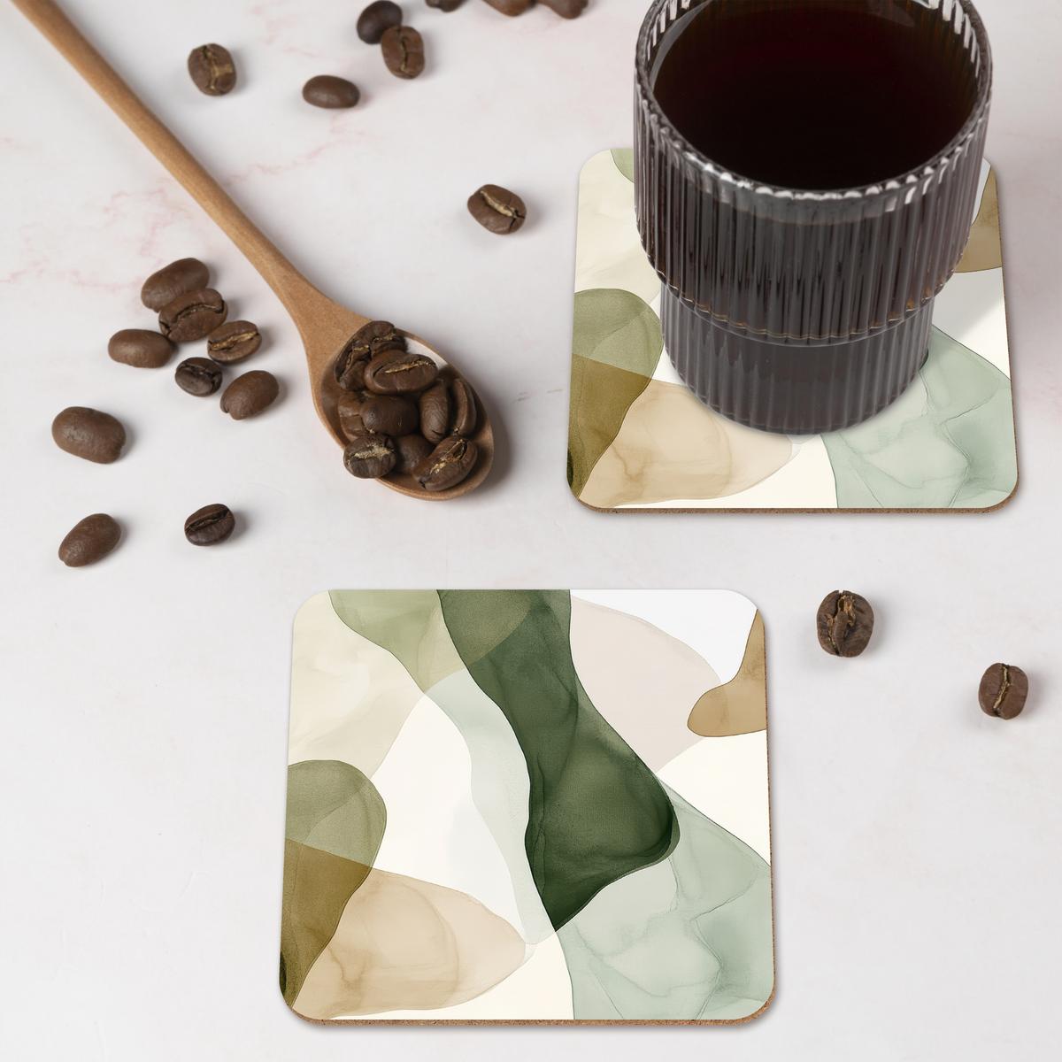 GLASUNTERSETZER 6er-Set Japandi - Abstrakt - Grün Tischuntersetzer 10x10 cm - Dunkelgrün, Naturmaterialien (10/0.2cm) - MuchoWow