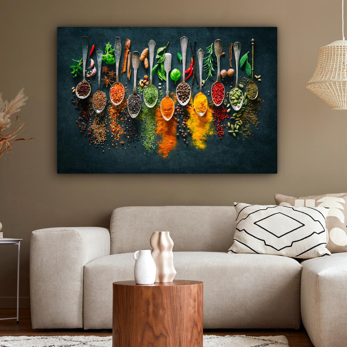 LEINWANDBILD Kräuter - Gewürze - Löffel Groß 140x90 cm - Currygelb, Textil (140/90cm) - MuchoWow