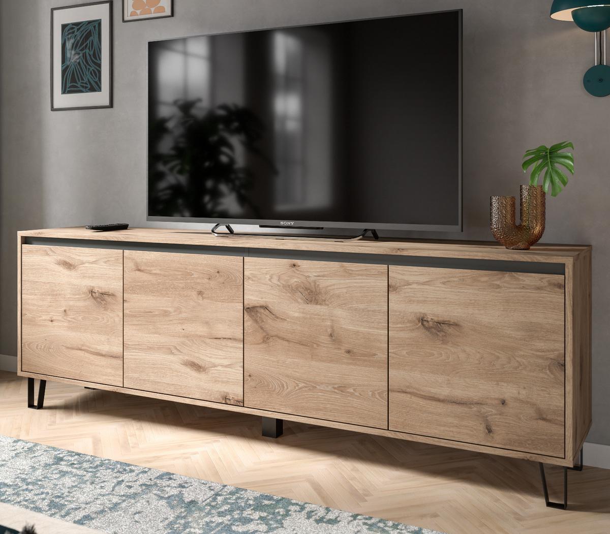 TV-LOWBOARD Eiche Viking 184 cm, Flat-TV Unterschrank mit Komforthöhe und Soft-Close - Eichefarben/Schwarz, Holz/Holzwerkstoff (184/64/40cm) - Inn.Furn