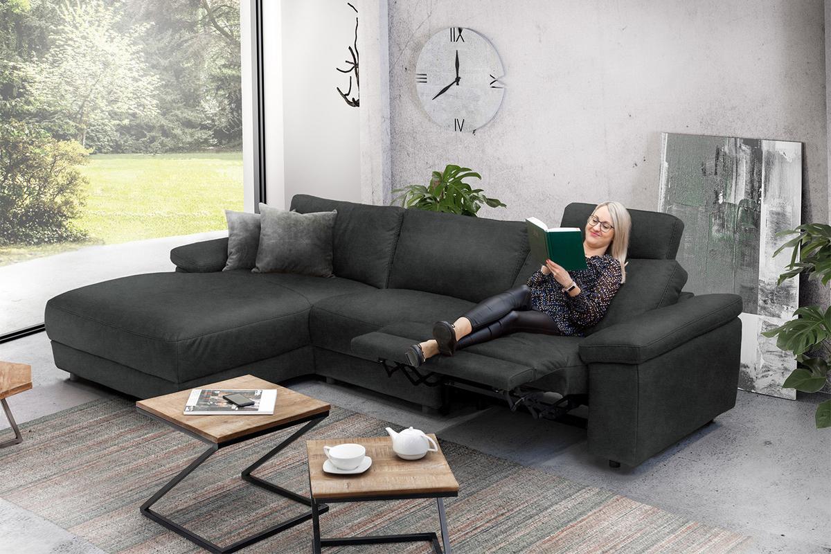 ECKSOFA XL MOTORISCHER RELAXFUNKTION LOLA Schwarz Leder Relaxfunktion - Schwarz, Leder (304/178cm) - KAWOLA