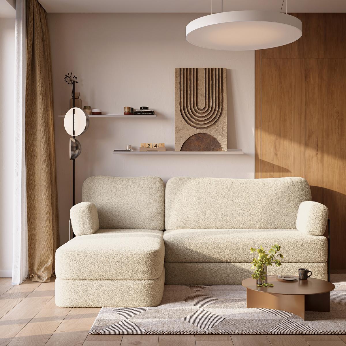 ECKSOFA SABI modulares Boneless Sofa mit Schlaffunktion Creme Boucle-Stoff - Creme, Textil (200/120cm) - MASSENO