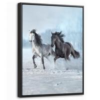 LEINWAND Bilder mit Rahmen - Pferde - Winter - Tiere - Natur - Schnee - 30x40 - Anthrazit, Textil (30/40cm) - MuchoWow
