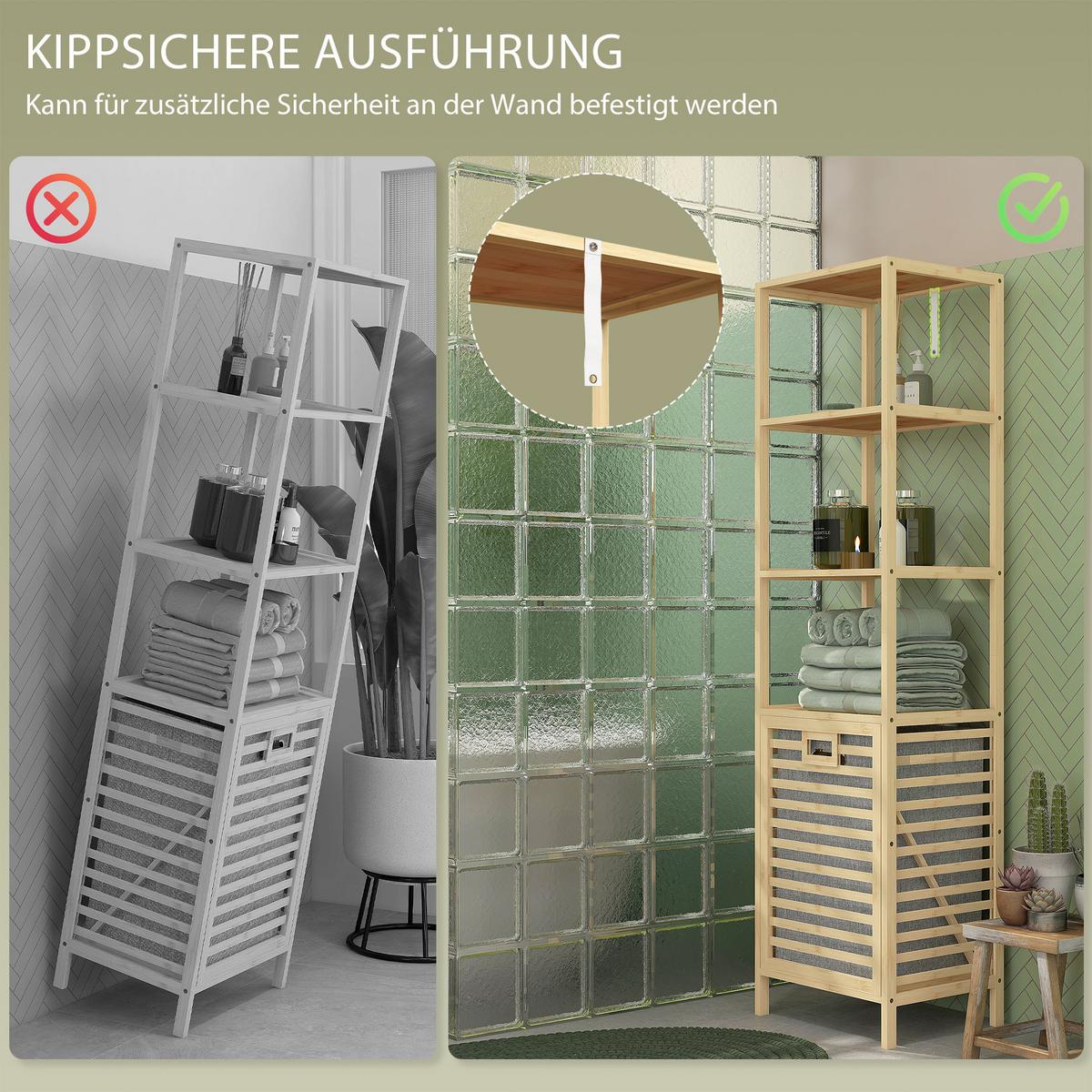 BADREGAL mit Wäschekorb, Badezimmerregal mit 3 Ebenen Kippschutz Bambus - Naturfarben, Holzwerkstoff (33/160/44cm) - HOMCOM